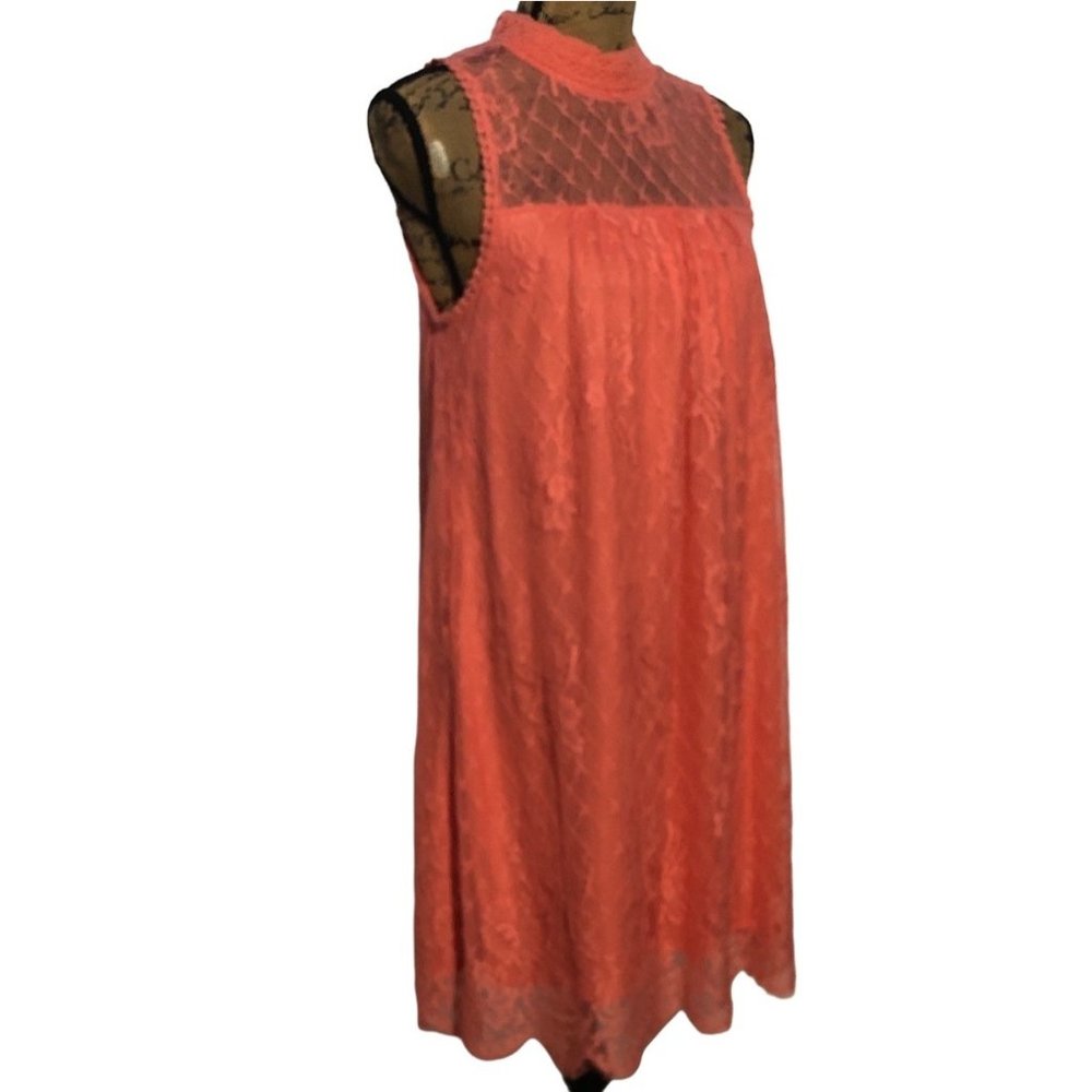 Hint Of Mint L Dress Coral Orange Lace Mock Neck Sleeveless Lined Pretty Work - Picture 3 of 8